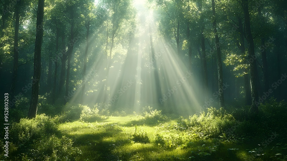 Obraz premium Sunlight streams through the trees in a lush green forest, creating a mystical and serene atmosphere.