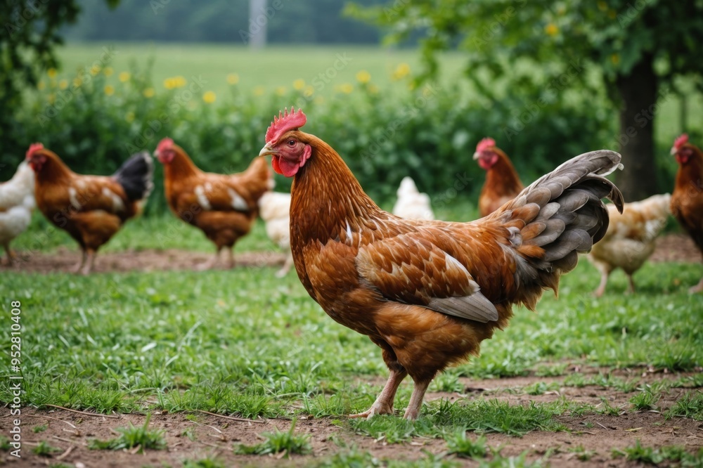 Fototapeta premium Free-range hen outdoors and eating. Factory of fresh eggs in blurred background