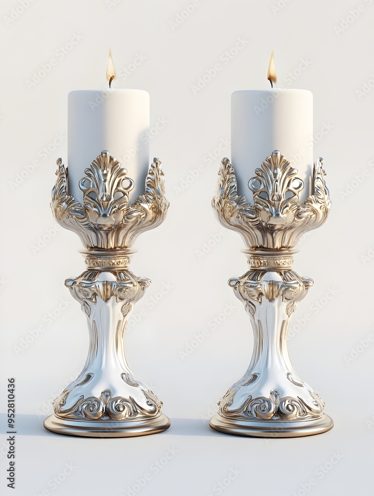 Elegant Baroque Inspired Metallic Candle Holders Isolated on Pristine White Background Elegant Baroque Inspired Metallic Candle Holders Isolated on Pristine White Background