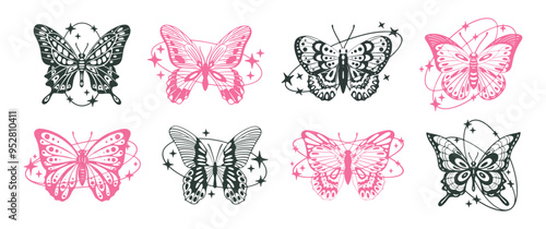 Cartoon y2k butterflies. Abstract y2k aesthetic flying insects, tropical butterflies with oval shapes with stars and sparkles decor flat vector illustration set. Trendy butterflies collection
