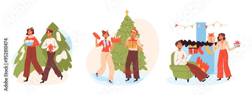 Christmas party celebration. People celebrate xmas winter holidays, family and friends winter activities flat vector illustration set. Cartoon Christmas celebrating scenes