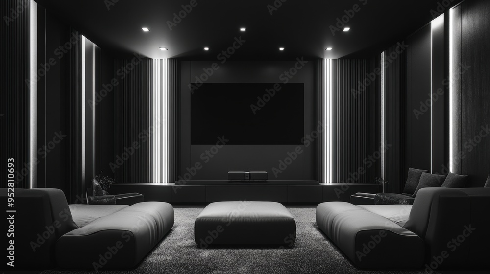 modern home cinema room with black and white color scheme and stylish seating, featuring a minimalist entertainment setup modern home cinema room with black and white color scheme and stylish seating, featuring a minimalist entertainment setup