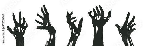 Monsters bony hands silhouettes. Halloween zombie arms, horror scrawny zombie hands flat vector illustration set. Cartoon spooky living dead creepy hands