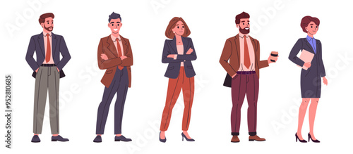 Office workers team. Business colleagues wearing business suits, busy people standing together flat vector illustration set. Professional business characters group