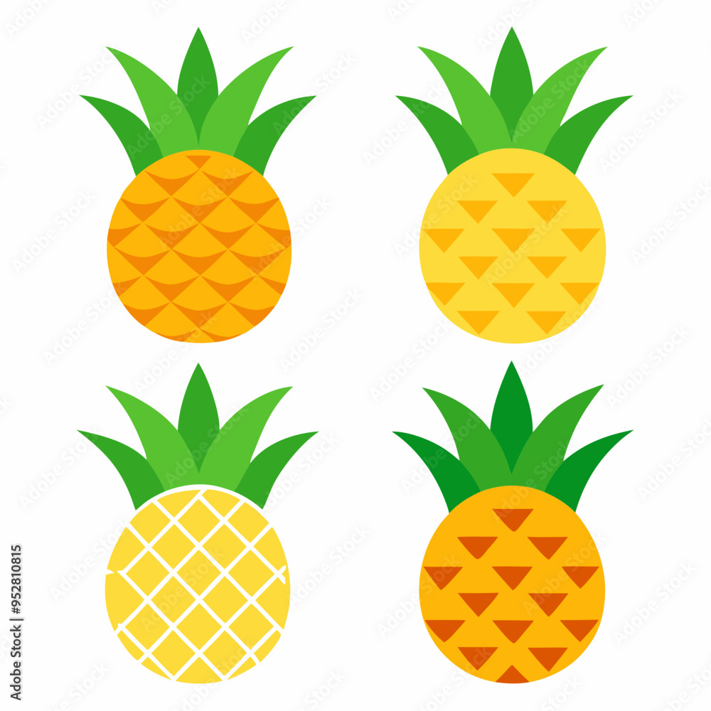 Minimalist Pineapple Fruit Vector Art Set of 4 on White Background Minimalist Pineapple Fruit Vector Art Set of 4 on White Background