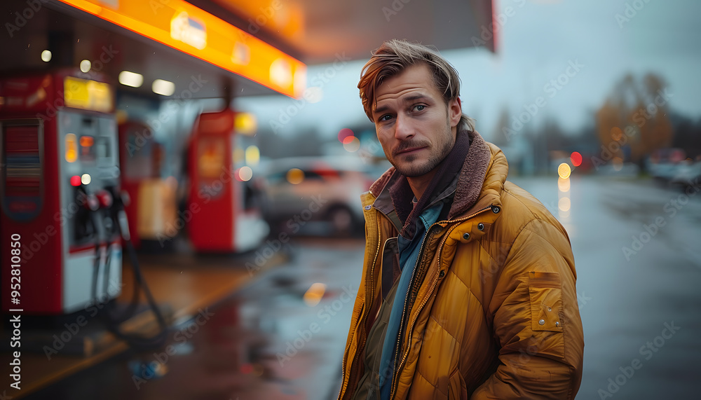 Fototapeta premium Man Standing in Front of a Gas Station – Fueling Up for the Journey Ahead