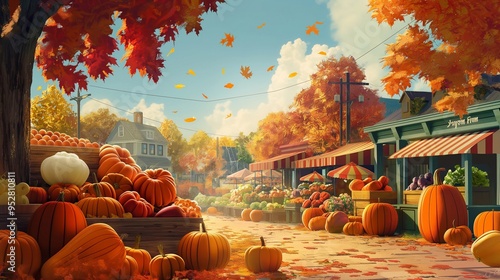 Colorful cartoon illustration of an outdoor farmers market selling pumpkins and vegetables on a sunny autumn day with leaves falling photo