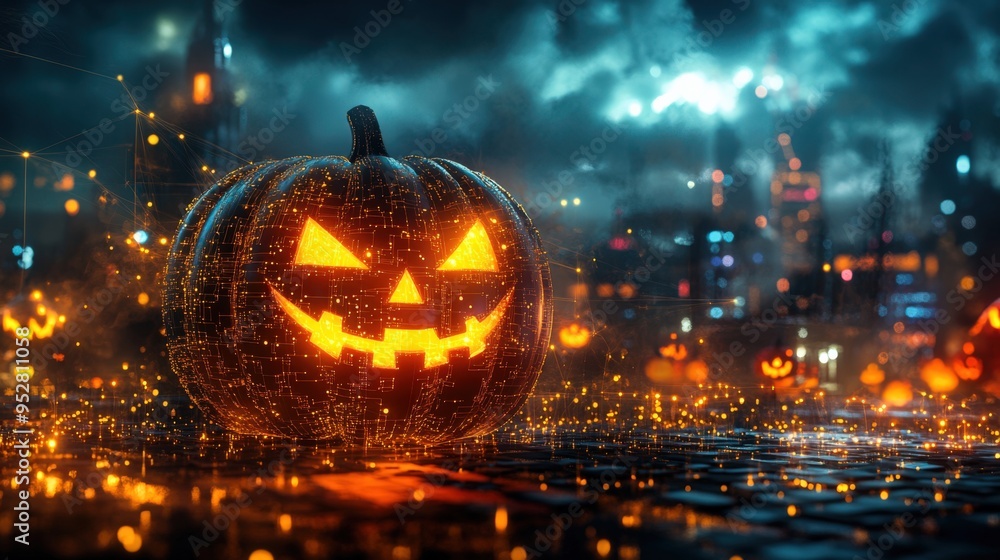 Futuristic Halloween Pumpkin in Digital Glow Futuristic Halloween Pumpkin in Digital Glow