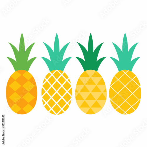 Minimalist Pineapple Fruit Vector Art Set of 4 on White Background