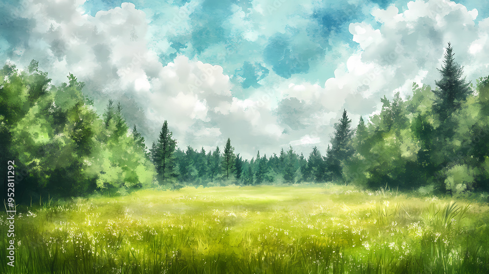 Scenic summer green grass meadow, beautiful and enchanting pine forest glade - watercolor style fluffy clouds. tranquil and peaceful nature art. Forest. Illustration Scenic summer green grass meadow, beautiful and enchanting pine forest glade - watercolor style fluffy clouds. tranquil and peaceful nature art. Forest. Illustration