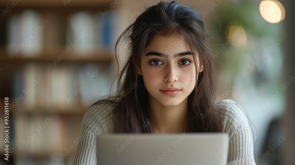 focused asian indian teen girl studying with a laptop on desk, representing back-to-school theme in a banner mockup focused asian indian teen girl studying with a laptop on desk, representing back-to-school theme in a banner mockup