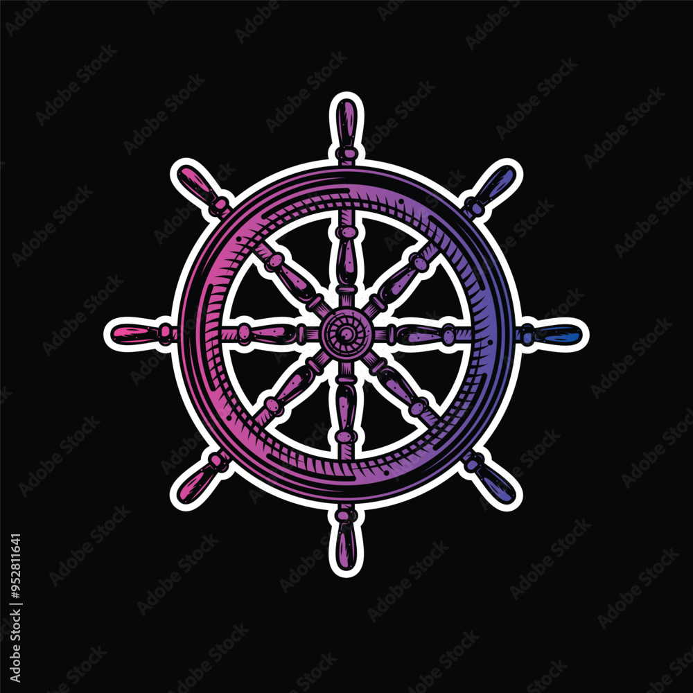 Wooden steering wheel. Old steering wheel with handles for steering a pirate boat and a cruise yacht. Original vector illustration in vintage style isolated on black background. T-shirt design. Wooden steering wheel. Old steering wheel with handles for steering a pirate boat and a cruise yacht. Original vector illustration in vintage style isolated on black background. T-shirt design.