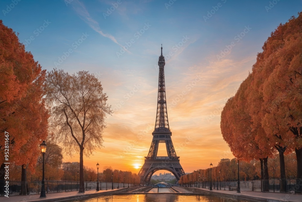 Fototapeta premium Eiffel tower at sunrise with autumn foliage in paris