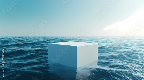 White cube podium floating above the ocean.abstract minimal surreal rendering illustration. Surreal. Illustration photo