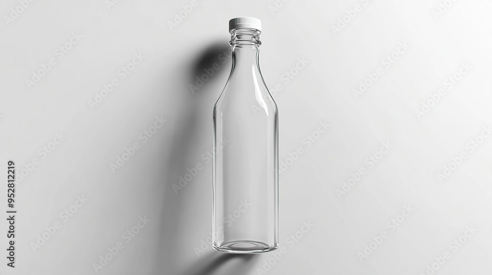 A clear glass bottle with a white cap, designed for beverage storage and presentation. A clear glass bottle with a white cap, designed for beverage storage and presentation.