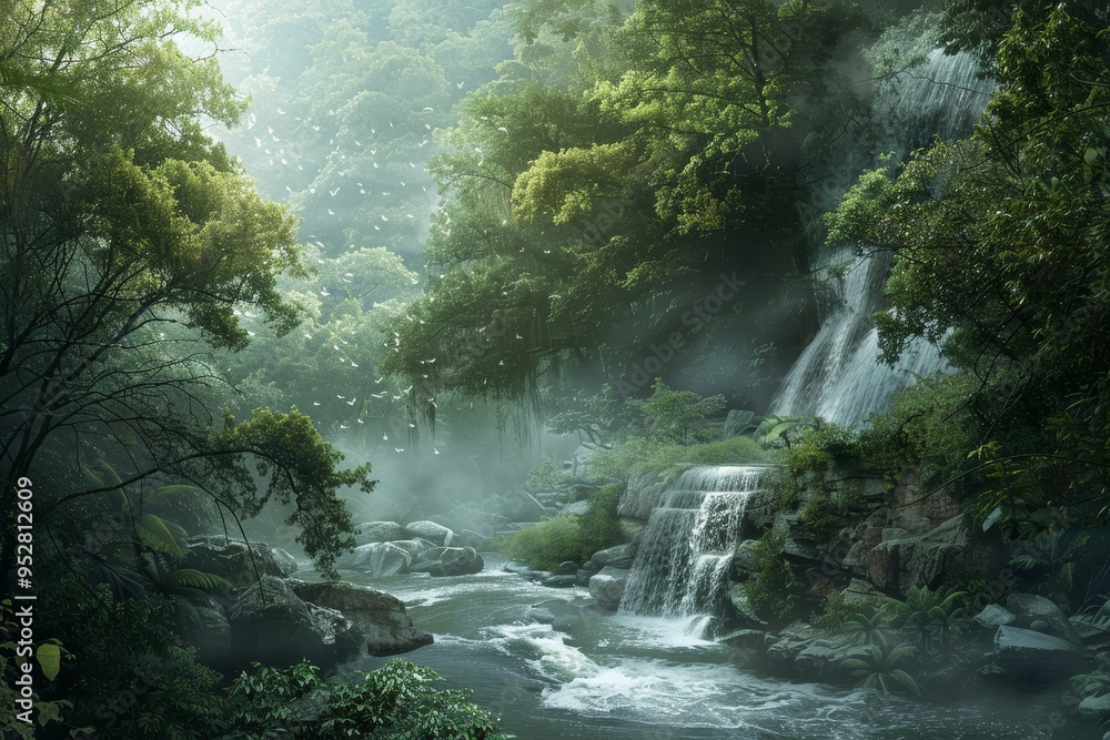 A divine landscape of lush forests and flowing rivers A divine landscape of lush forests and flowing rivers
