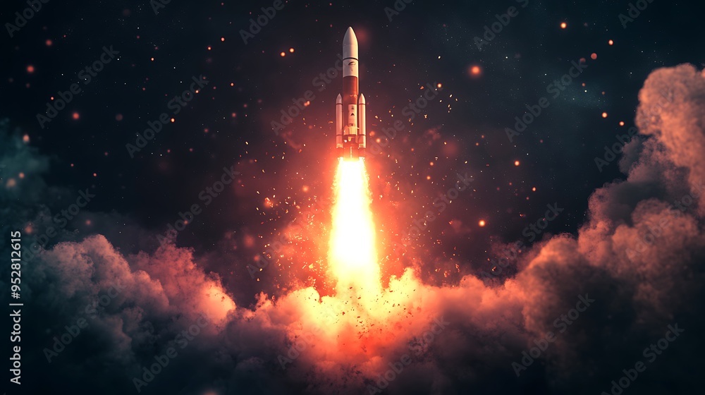 Fototapeta premium Rocket Launch Through Orange Smoke and Clouds