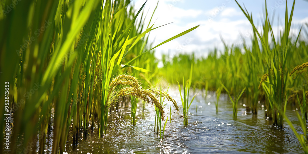Fototapeta premium Rice paddy field during seeding, rows of seedlings and water.