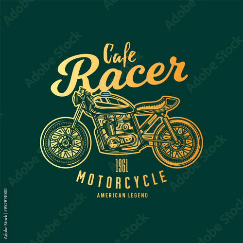 Cafe racer custom motorcycle. Original vector illustration in vintage style isolated on green background. T-shirt design.