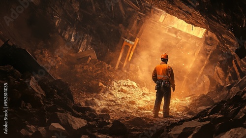 Underground mine engineer inspecting the drilling process, with rock dust filling the air