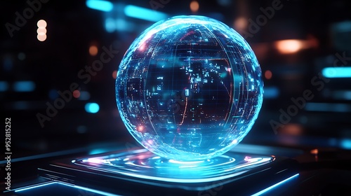 A Futuristic Globe Hologram Displayed on a Tech Platform