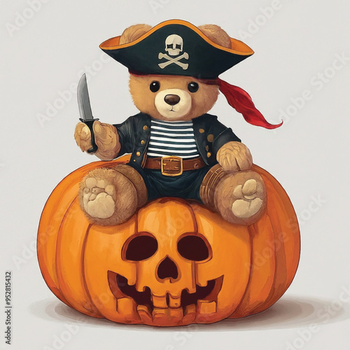 There is a teddy bear dressed up as a witch with pumpkins generative ai
