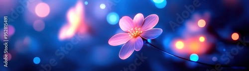 Beautiful close-up of a pink flower illuminated by soft, colorful lights in a dreamy, ethereal setting. Perfect for nature and abstract themes.