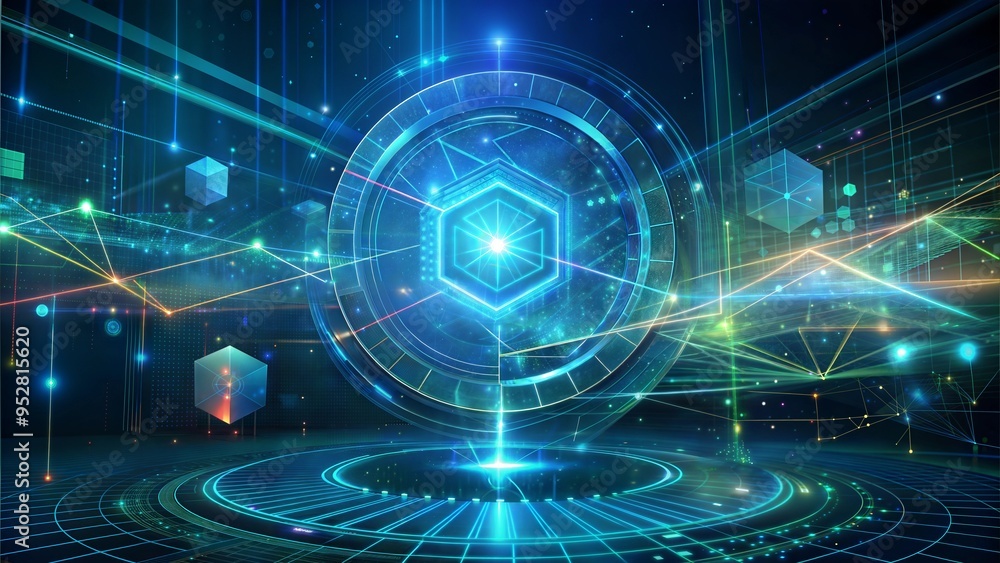 Futuristic Digital Interface with Glowing Hexagons and Data Streams