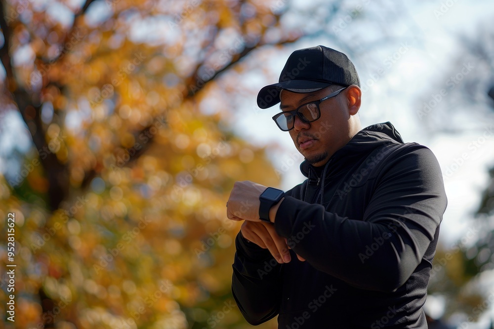 In a serene park setting, a jogger pauses to check a notification on their smartwatch In a serene park setting, a jogger pauses to check a notification on their smartwatch