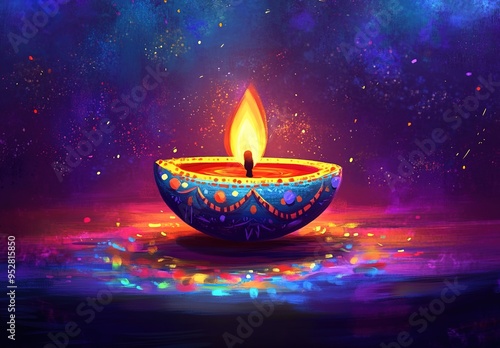  Illustration of Diwali, a colorful background with oil lamps and flowers in shades of purple 