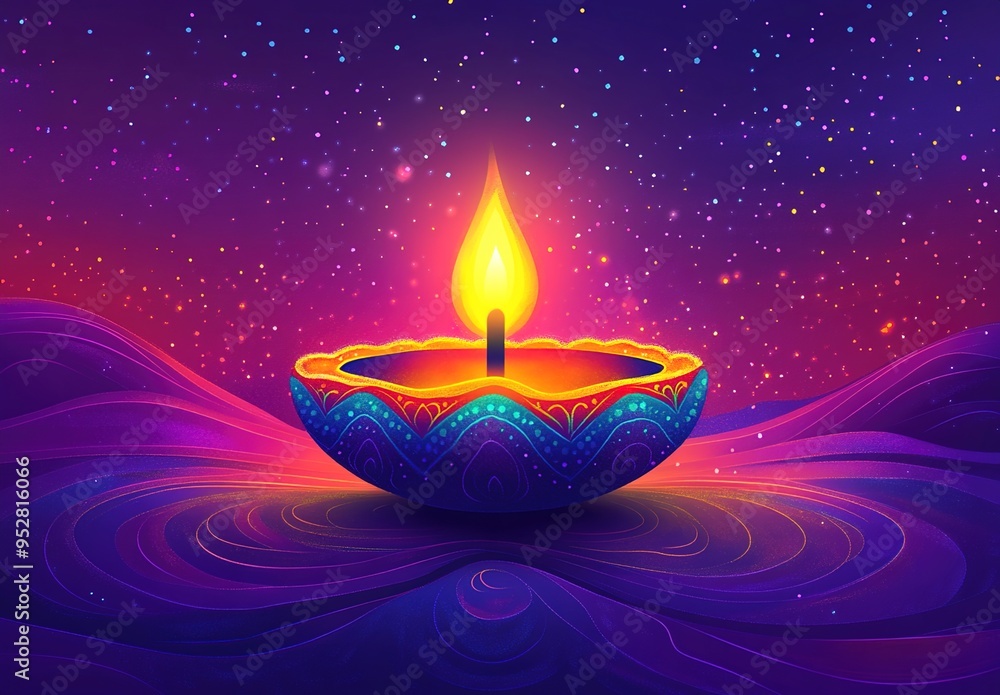 Illustration of Diwali, a colorful background with oil lamps and flowers in shades of purple
Illustration of Diwali, a colorful background with oil lamps and flowers in shades of purple