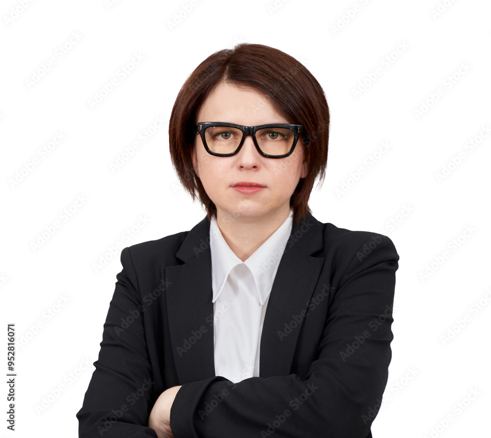 Portrait of businesswoman wearing black suit and glasses isolated on white background Portrait of businesswoman wearing black suit and glasses isolated on white background