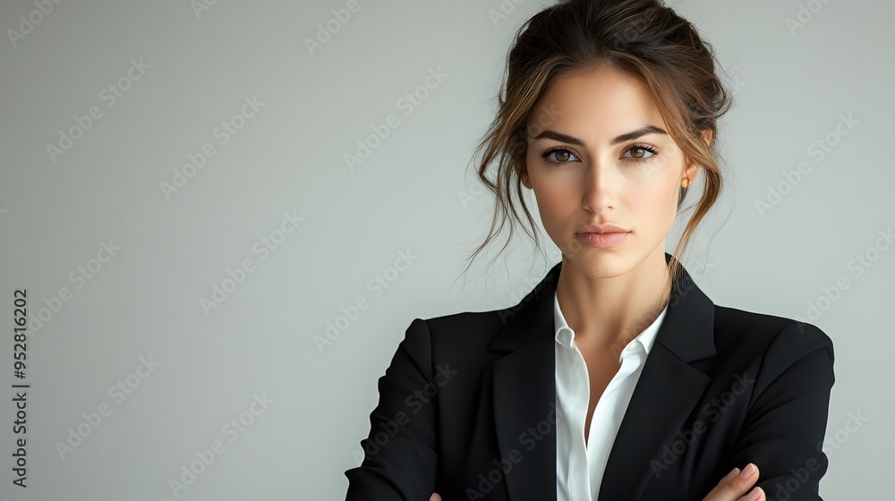 Teenager folding arms confidently in front of a plain white background with a serious expression Teenager folding arms confidently in front of a plain white background with a serious expression