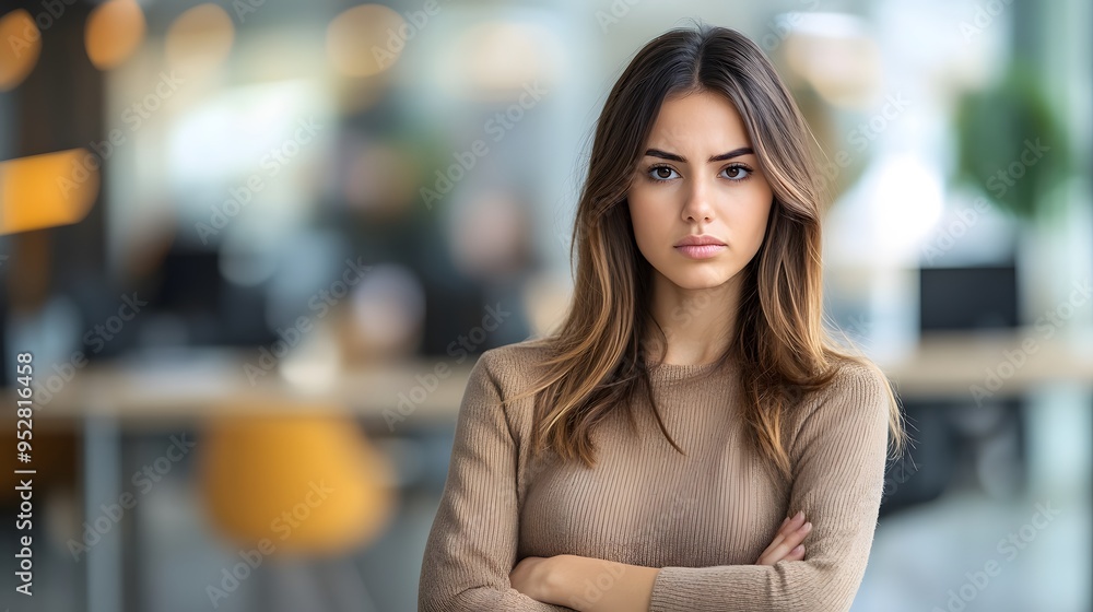 Young woman with arms crossed standing in a modern office setting