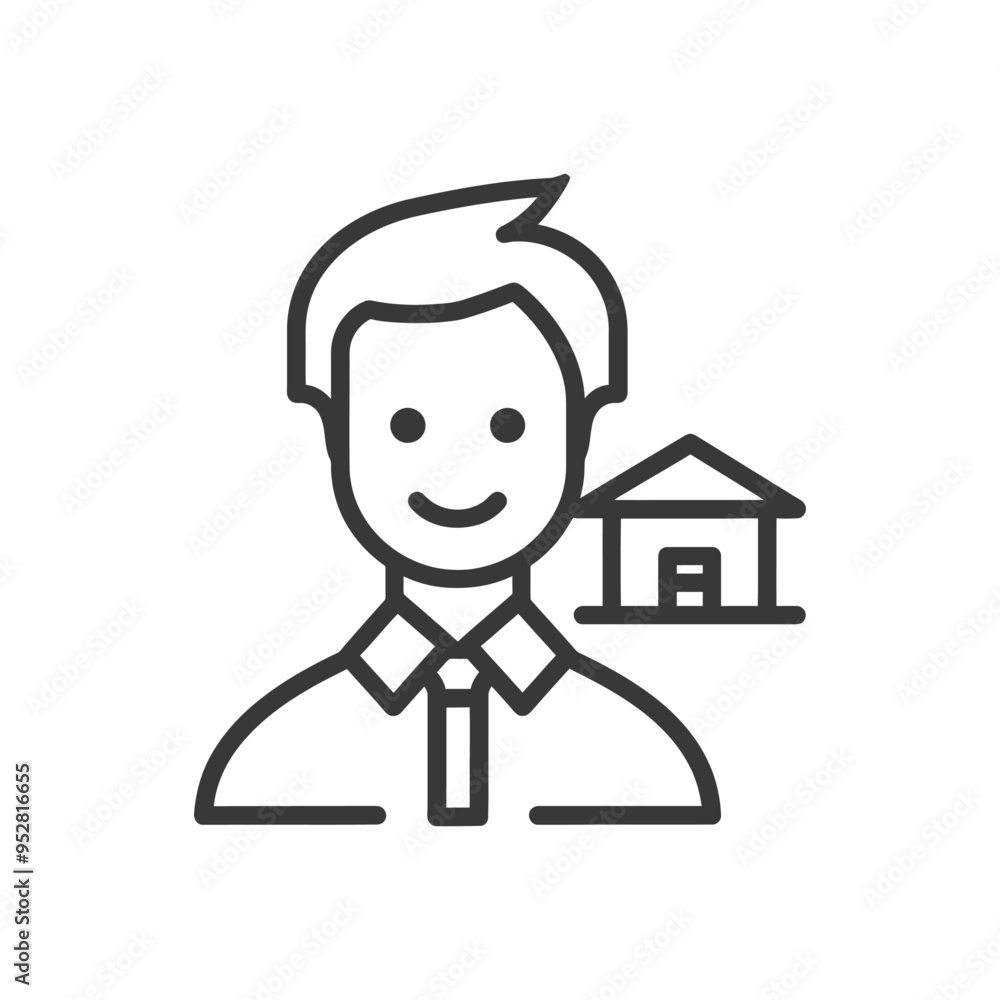Smiling Man with House Icon Real Estate Agent or Homeowner Smiling Man with House Icon Real Estate Agent or Homeowner