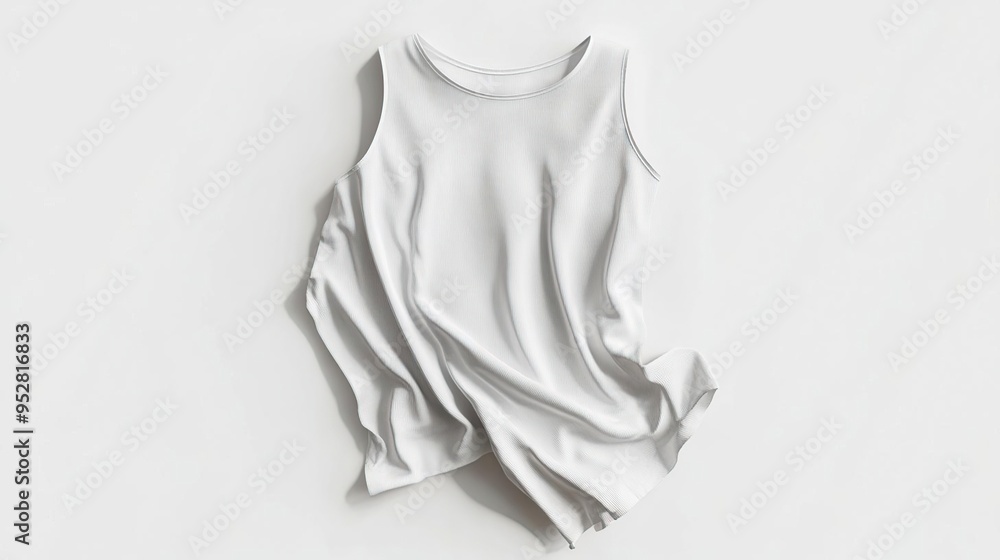 A simple white tank top laid flat, showcasing its soft texture and casual design. A simple white tank top laid flat, showcasing its soft texture and casual design.