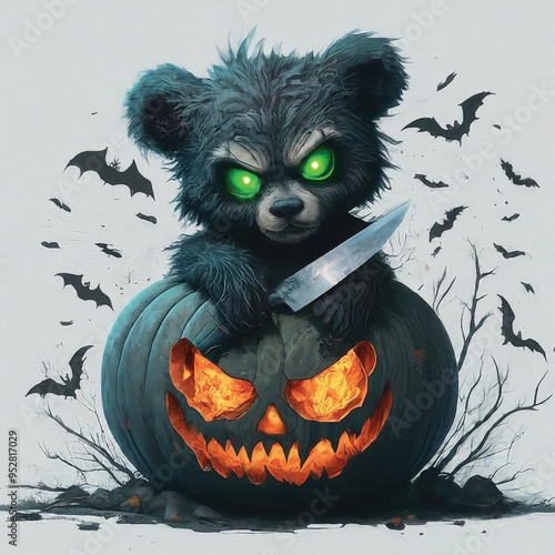 There is a teddy bear dressed up as a witch with pumpkins generative ai