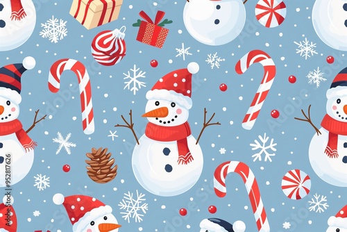 Cute winter seamless pattern with snowman and candy cane. Funny childish festive print for textile, wrapping paper  photo