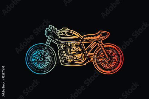 Cafe racer custom motorcycle. Original vector illustration in vintage style isolated on black background. T-shirt design.