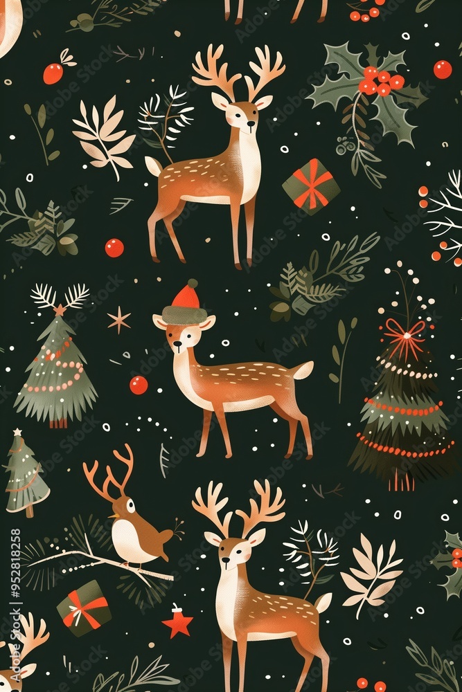 Hand Drawn Holiday Seamless Vector Pattern. Cute Christmas Elements On Dark Green Background. Simple Style Design Ideal For Textile, Wallpaper, Fabric Prints Or Wrapping Paper. Hand Drawn Holiday Seamless Vector Pattern. Cute Christmas Elements On Dark Green Background. Simple Style Design Ideal For Textile, Wallpaper, Fabric Prints Or Wrapping Paper.