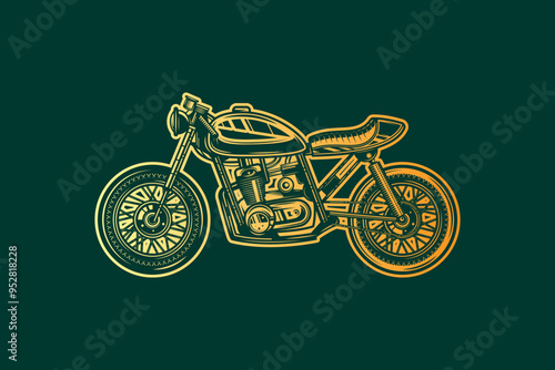 Cafe racer custom motorcycle. Original vector illustration in vintage style isolated on green background. T-shirt design.