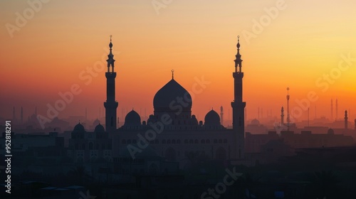 Mosque with minarets on the background of sunset. Concept of religion, Islam, tranquility.