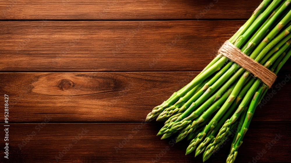 Fresh asparagus spears bundled together on a rustic wooden background for healthy cooking and natural food concept. Fresh asparagus spears bundled together on a rustic wooden background for healthy cooking and natural food concept.