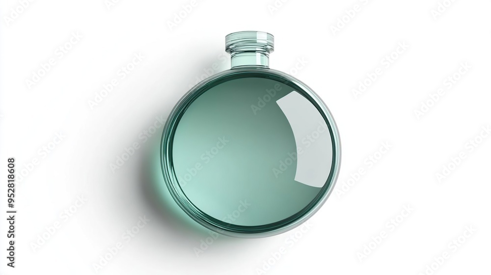 A round glass flask containing a clear liquid, reflecting light on a white background. A round glass flask containing a clear liquid, reflecting light on a white background.