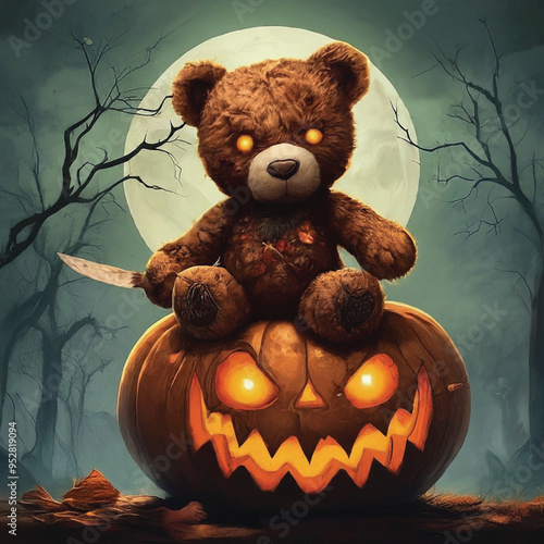 There is a teddy bear dressed up as a witch with pumpkins generative ai