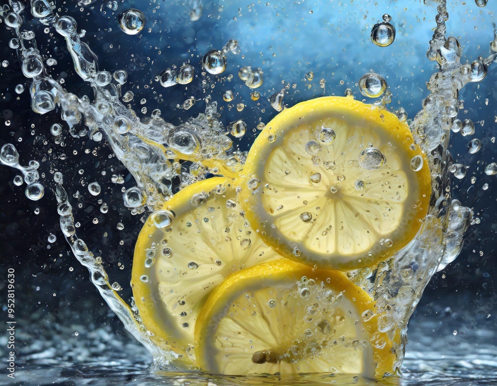Fresh Lemon Slices Splashing into Sparkling Water with Bubbles Fresh Lemon Slices Splashing into Sparkling Water with Bubbles