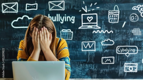 A distressed teenager sits with her face covered, the wall behind her filled with negative words, illustrating the emotional burden and anxiety associated with cyberbullying. photo