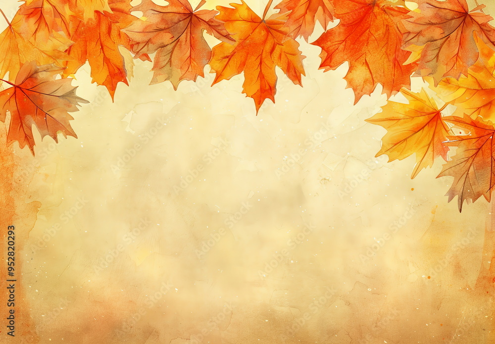 Autumn background with orange and yellow leaves at the top, in a golden watercolor style. The design features a soft beige gradient with a textured surface that resembles aged paper or canvas Autumn background with orange and yellow leaves at the top, in a golden watercolor style. The design features a soft beige gradient with a textured surface that resembles aged paper or canvas