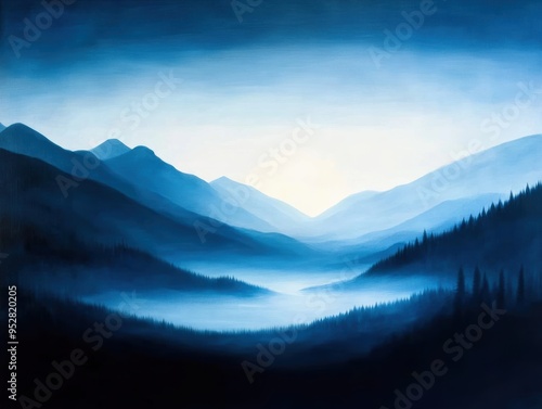 Serene blue mountain landscape with misty valleys, creating a tranquil and atmospheric scene of natural beauty and calmness.