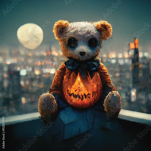 There is a teddy bear dressed up as a witch with pumpkins generative ai